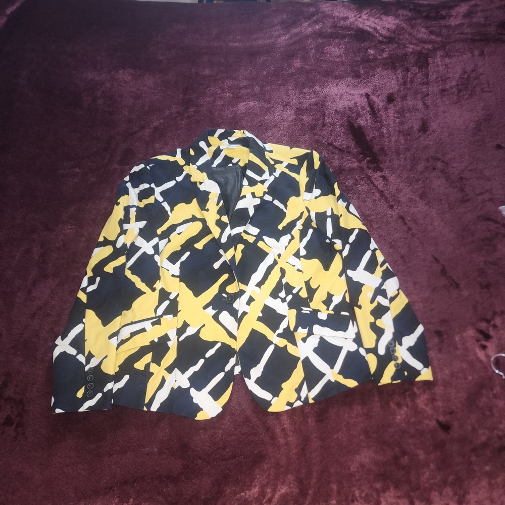 Liz Claiborne Womens XL Blazer Yellow Black White Abstract Geometric Print Coat